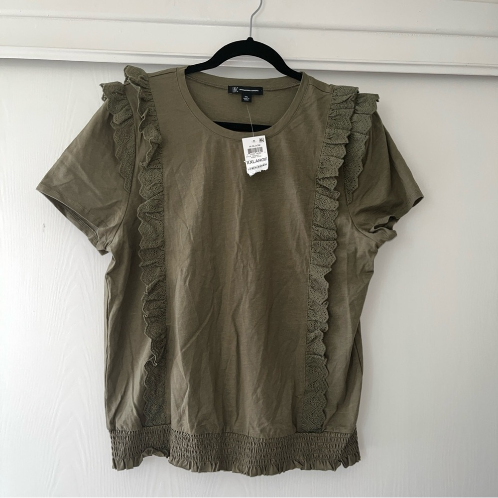 NWT INC Burnt Olive Smocked Waist Top, Short Sleeve, Lace Detail, XXL 100%cotton